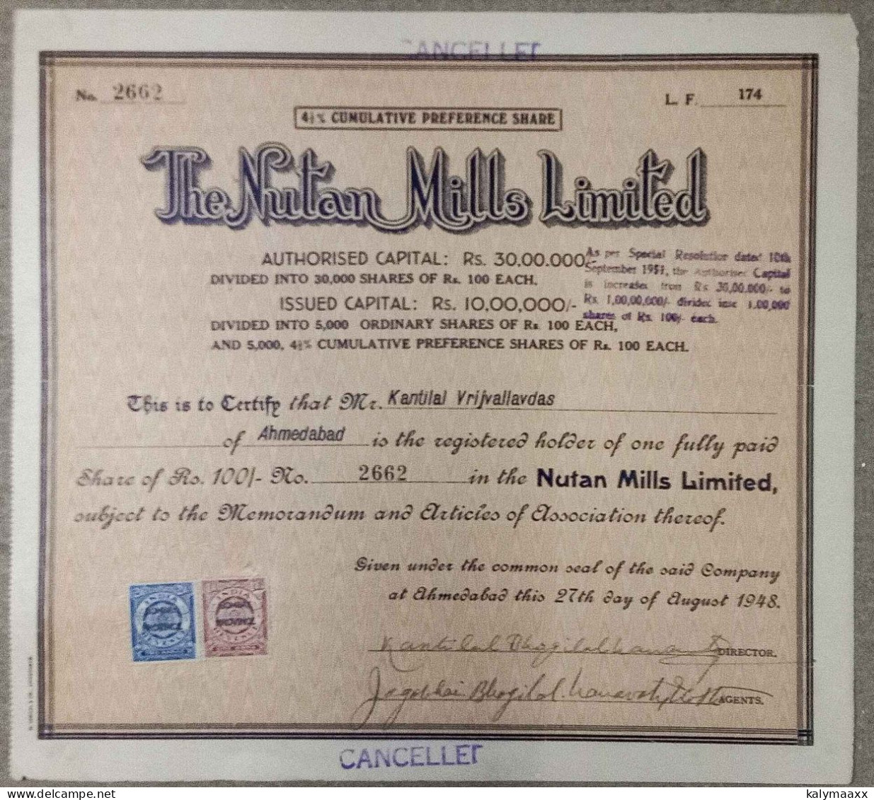 INDIA 1948 THE NUTAN MILLS LIMITED, TEXTILE.....SHARE CERTIFICATE - Textiel