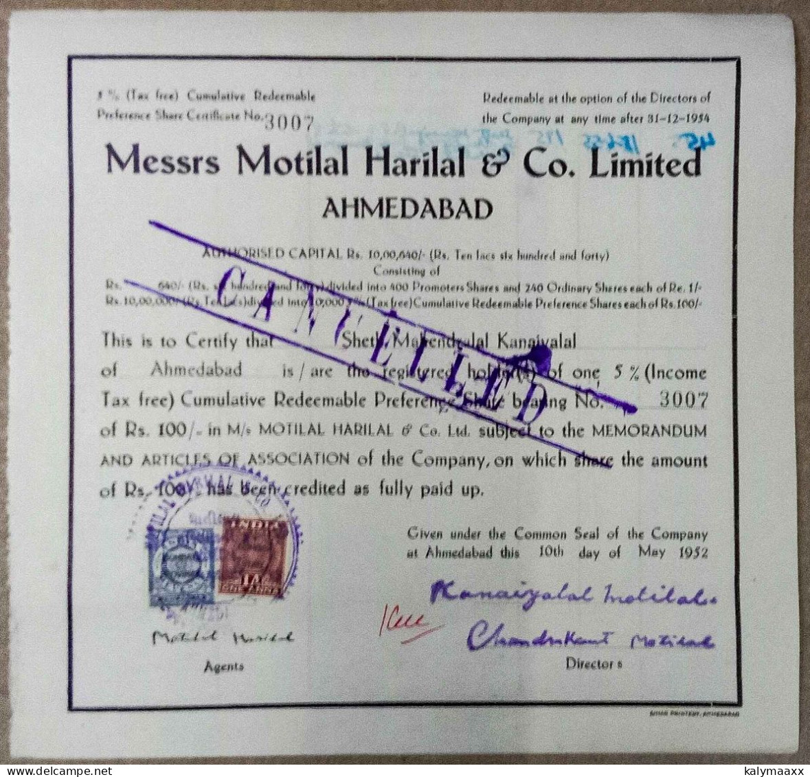 INDIA 1952 MESSERS MOTILAL HARILAL & Co. LIMITED AHMEDABAD, TEXTILE.....SHARE CERTIFICATE - Tessili