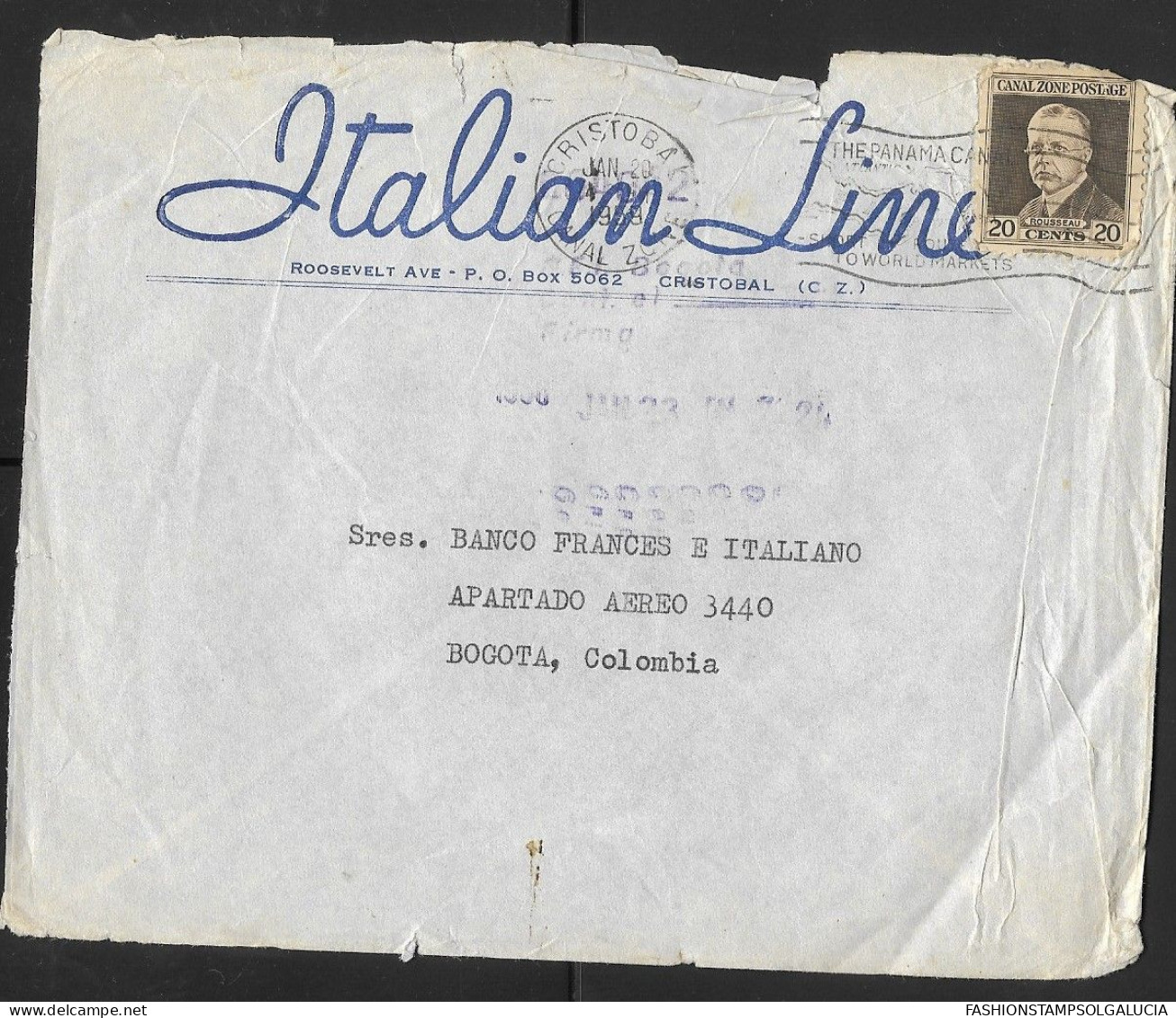 1958 CANAL ZONE, ITALIAN LINE,  TO WORLD MARKETS,  REAR ADM, HARRY H. ROUSSEAU, FROM CRISTOBAL TO BOGOTA - COLOMBIA, BAN - Kanalzone