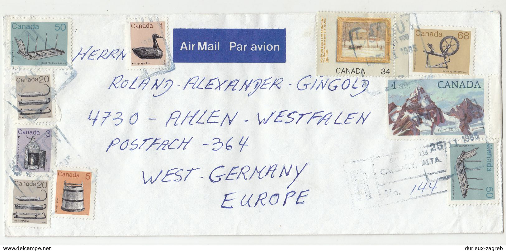 Canada Multifranked Letter Cover Posted Air Mail Registered 1985 Clagary To Germany B230701 - Covers & Documents