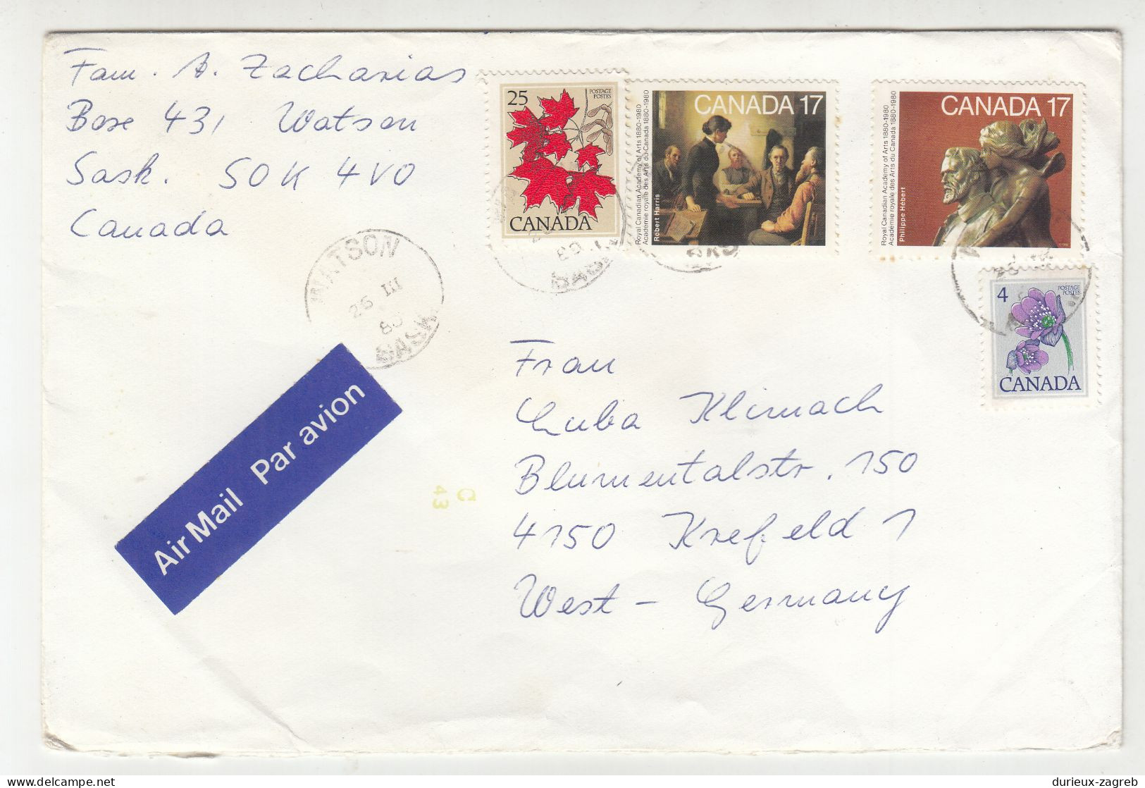 Canada Multifranked Letter Cover Posted Air Mail 1989 Watson To Germany B230701 - Lettres & Documents