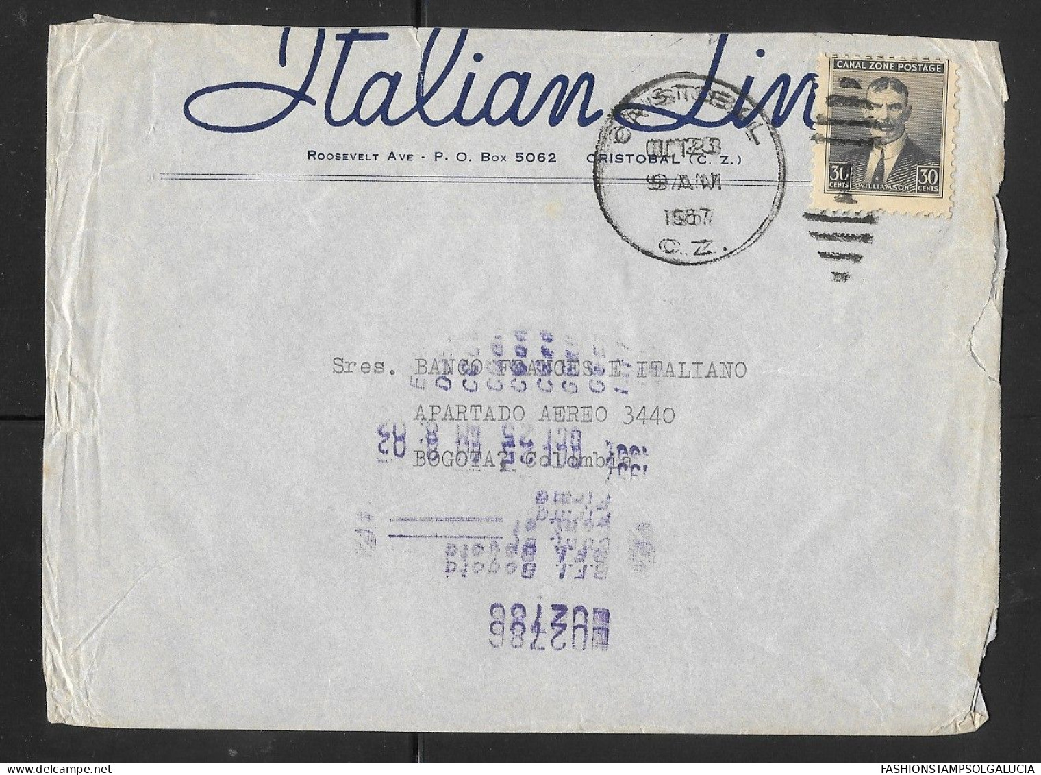 1957 CANAL ZONE, CRISTOBAL, ITALIAN LINE,  COL. SYDNEY B. WILLIAMSON, TO BANCO FRANCES E ITALIANO, BOGOTA - COLOMBIA - Canal Zone