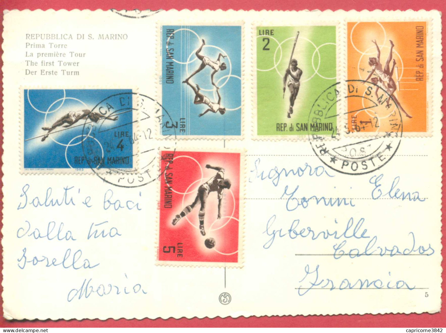 1964 - SAINT MARIN - Carte Postale Pour La France - Timbres "Prélude Aux Jeux Olympiques" - Tp N° 605 à 609 - Brieven En Documenten