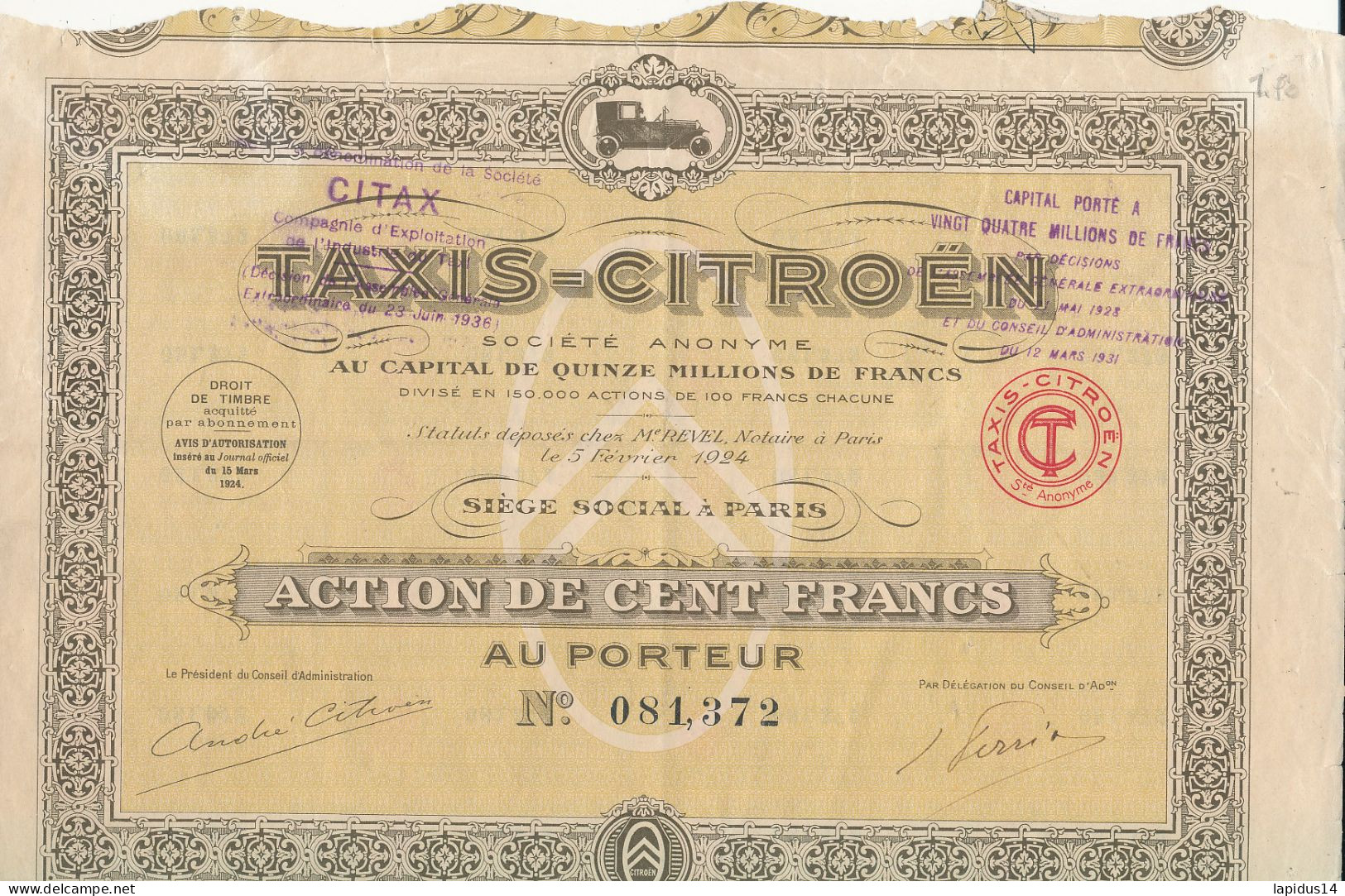 TITRE      TAXIS-CITROEN  PARIS  SIGNE ANDRE CITROEN   27 COUPONS - Automobilismo