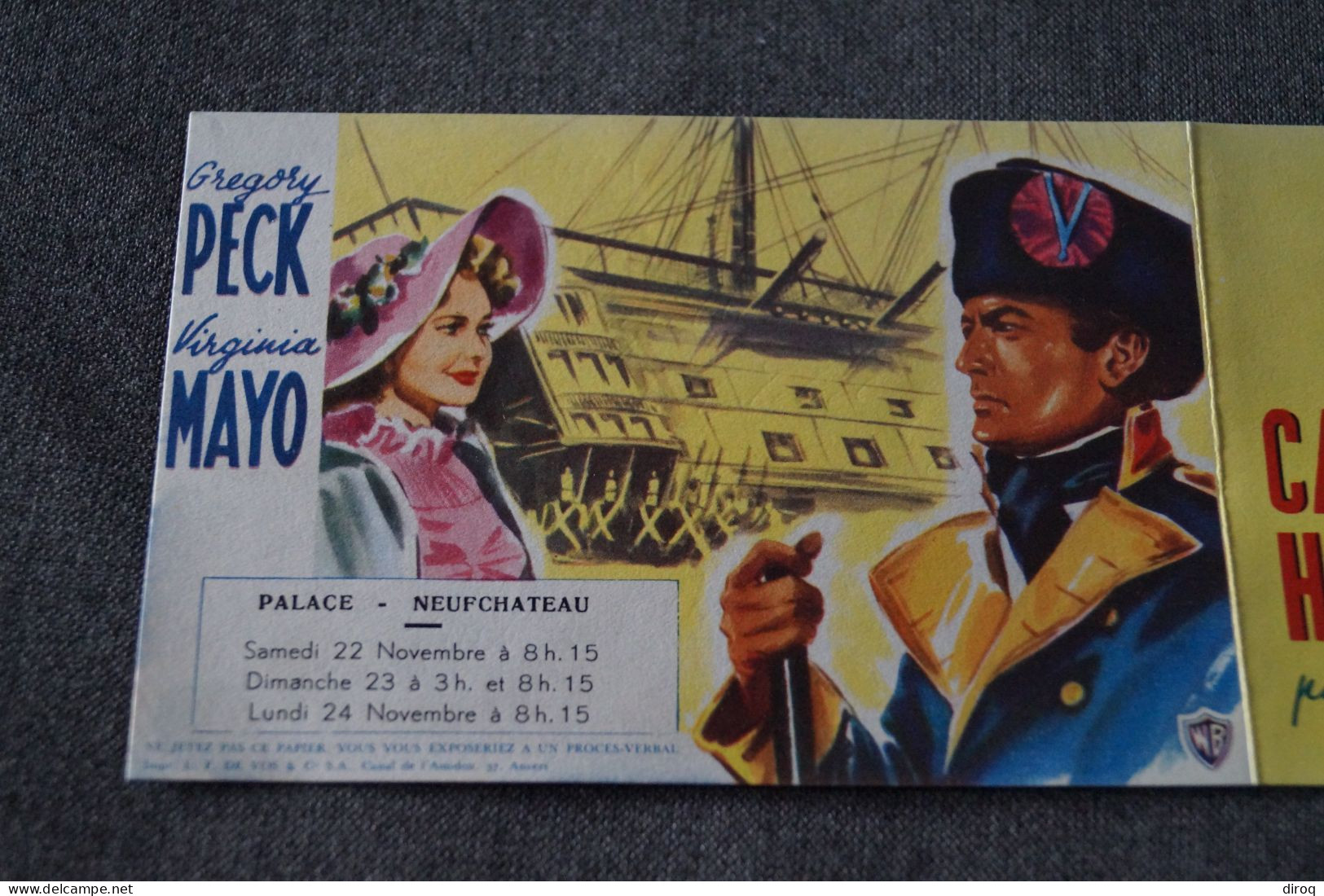 Cinéma,afichette Publicitaire,Neufchâteau,Grégory Peck,capitaine Hornblower,26,5 Cm. Sur 9 Cm. - Plakate