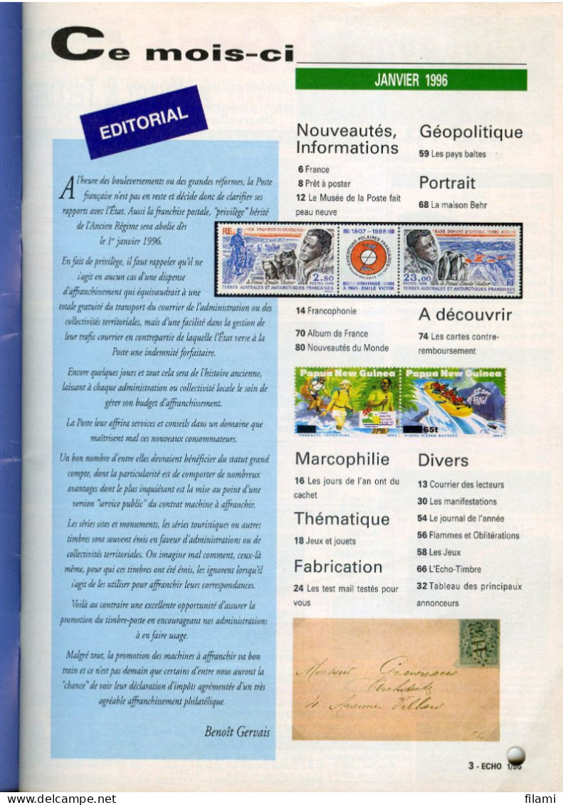 L'écho De La Timbrologie Janvier 1996,annulation Par Barre,pays Baltes - Französisch (ab 1941)