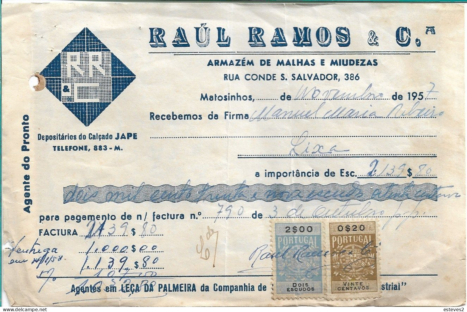 Portugal 1957 , RAUL RAMOS & Cª , JAPE Shoes , Matosinhos , Receipt . Revenue Stamps 2$00 And $20 - Portugal