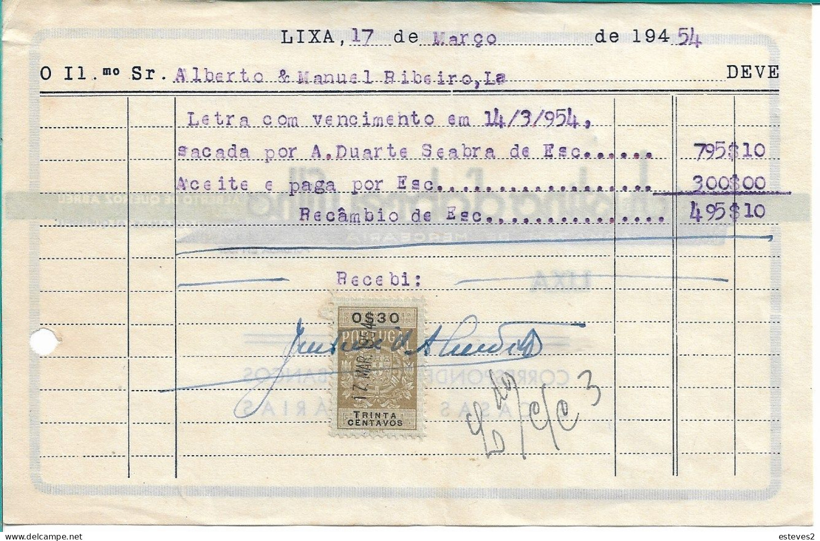 Portugal 1954 , JUSTINO D'ABREU FILHO , LIXA , Receipt . Revenue Stamp 0$30 - Portugal