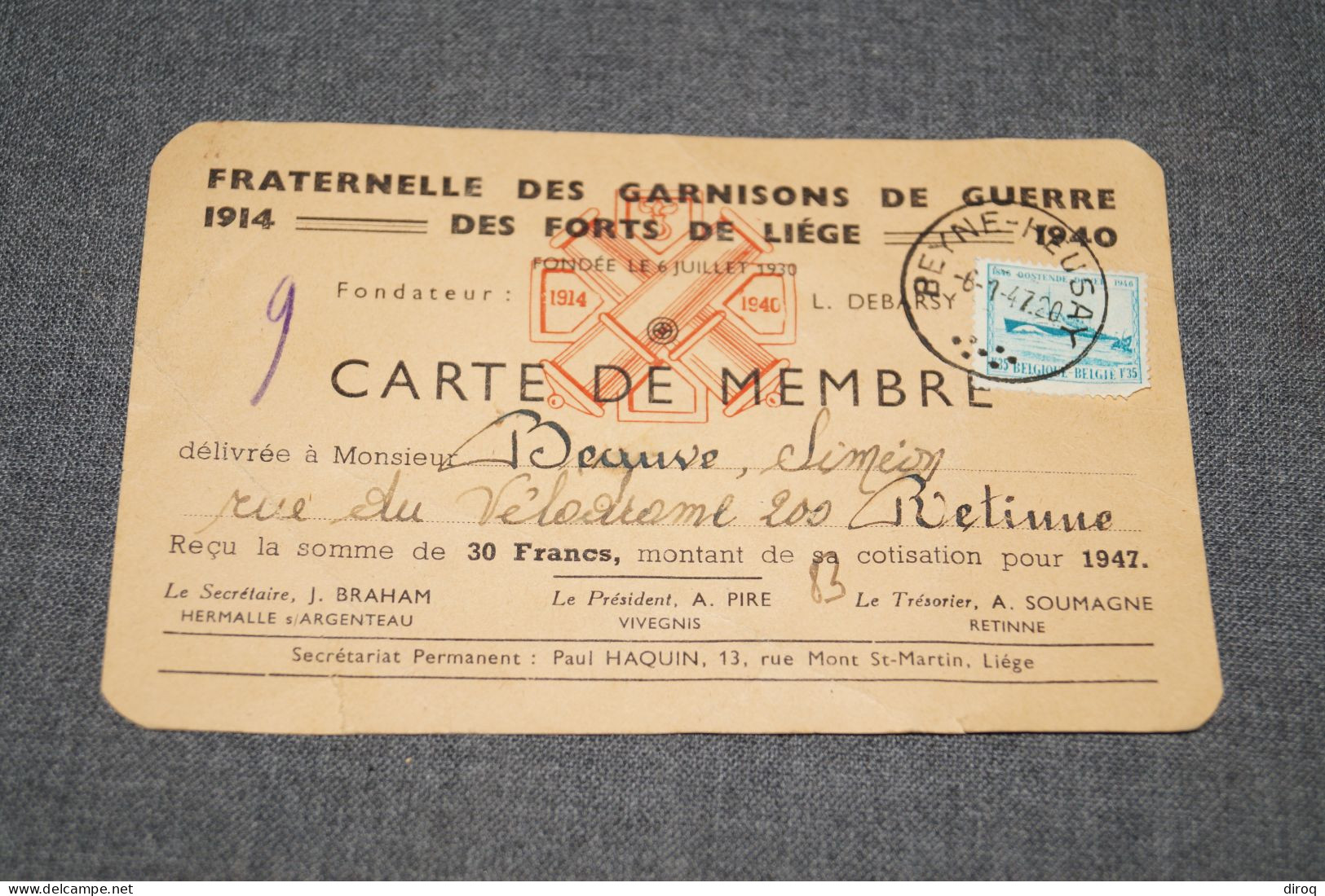 Carte De La Fraternel Du Fort De Liège,1914-1940,Mr. Beauve De Rétinne,14 Cm. Sur 9 Cm. - Documenten