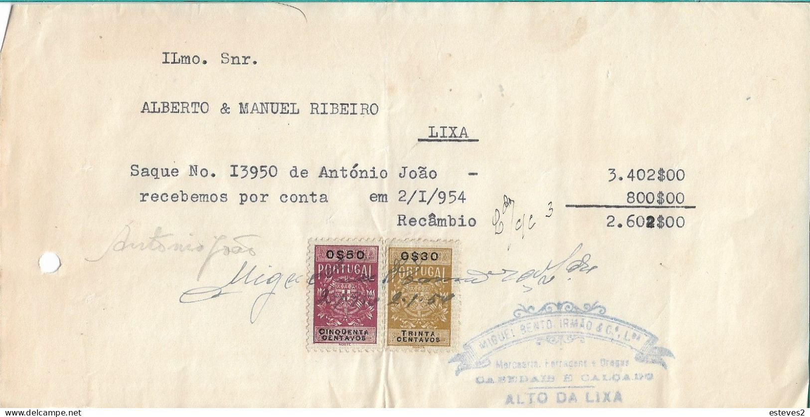 Portugal 1954 , MIGUEL BENTO IRMÃO & Cª , LIXA , Receipt . Revenue Stamps  $30 And $50 - Portugal