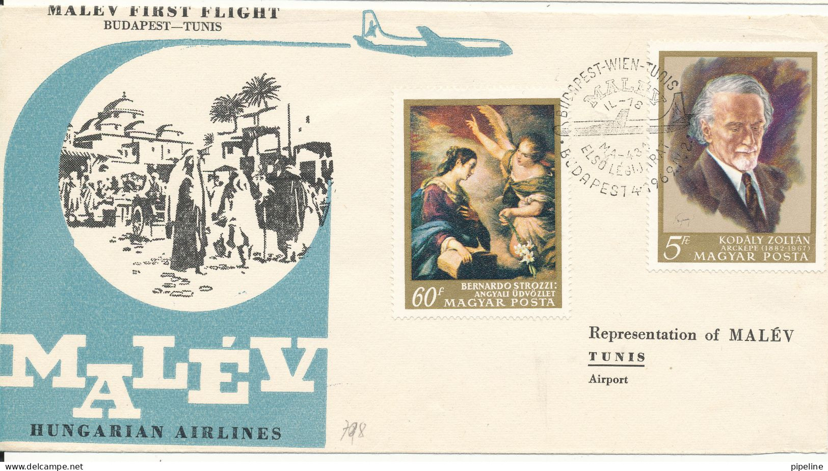 Hungary Cover First Flight Malev Hungarian Airlines  Budapest - Tunis 2-4-1969 With Cachet (hinged Marks On The Backside - Briefe U. Dokumente