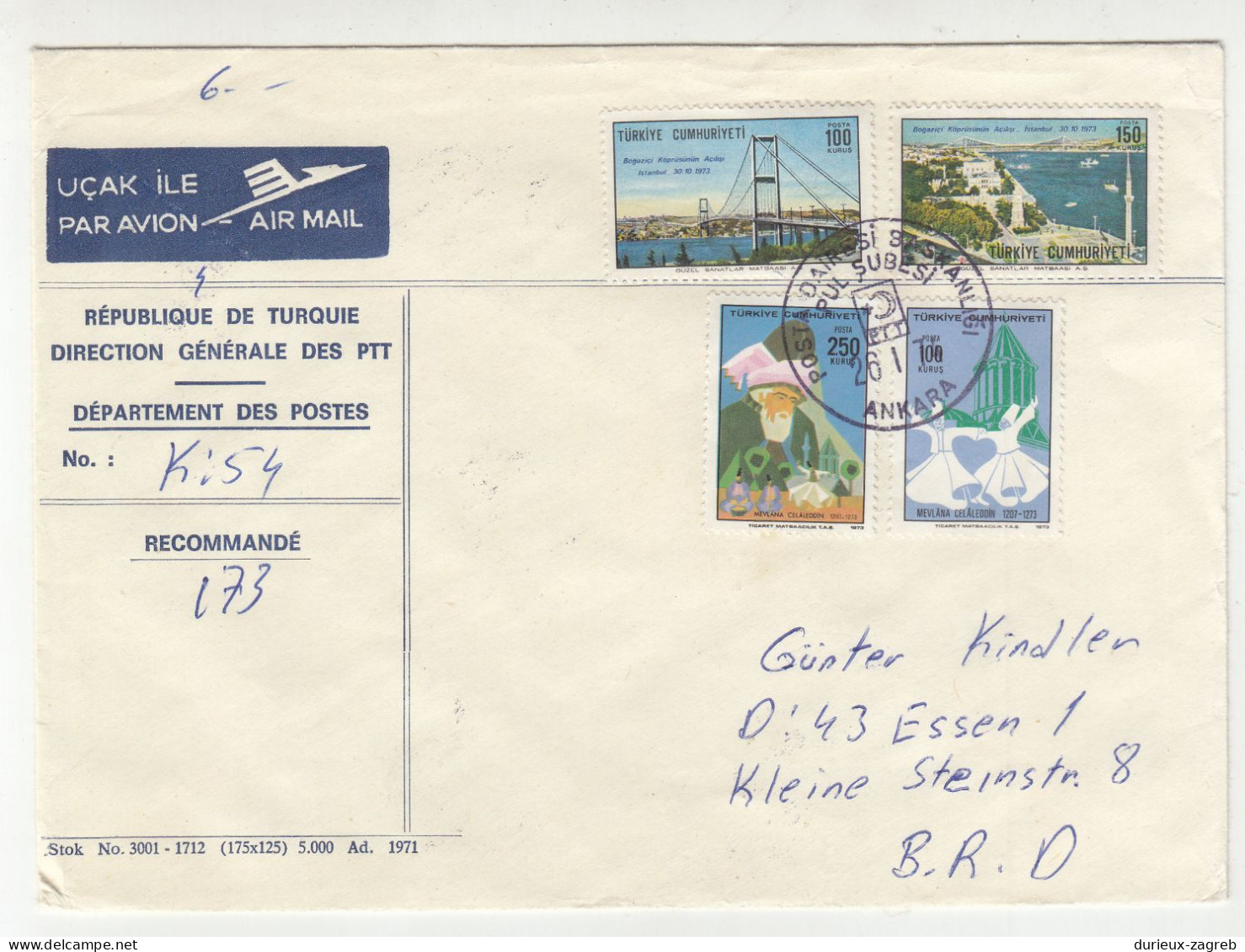 Turkey Letter Cover Posted Registered 1974 To Germany 230701 - Brieven En Documenten