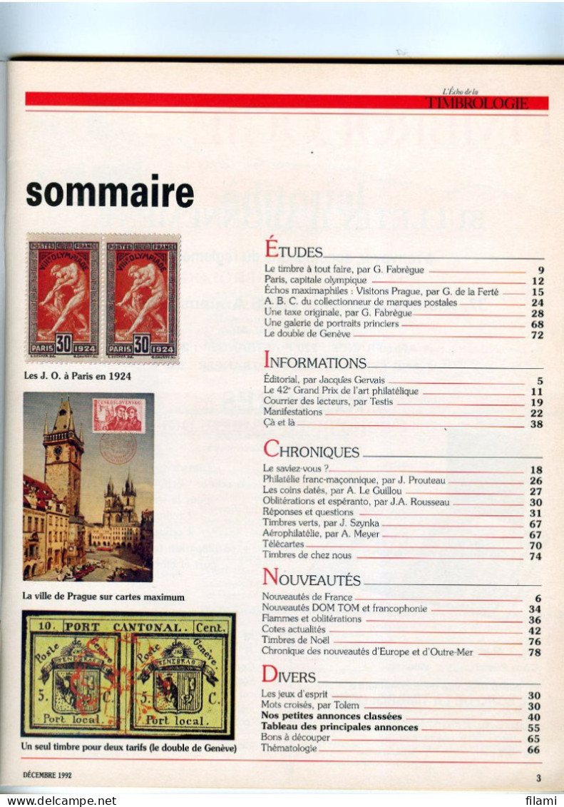 L'écho De La Timbrologie,décembre 1992,demande D'avoir CCP,jeux Paris 1924,CCP Taxe,double De Genève - Französisch (ab 1941)