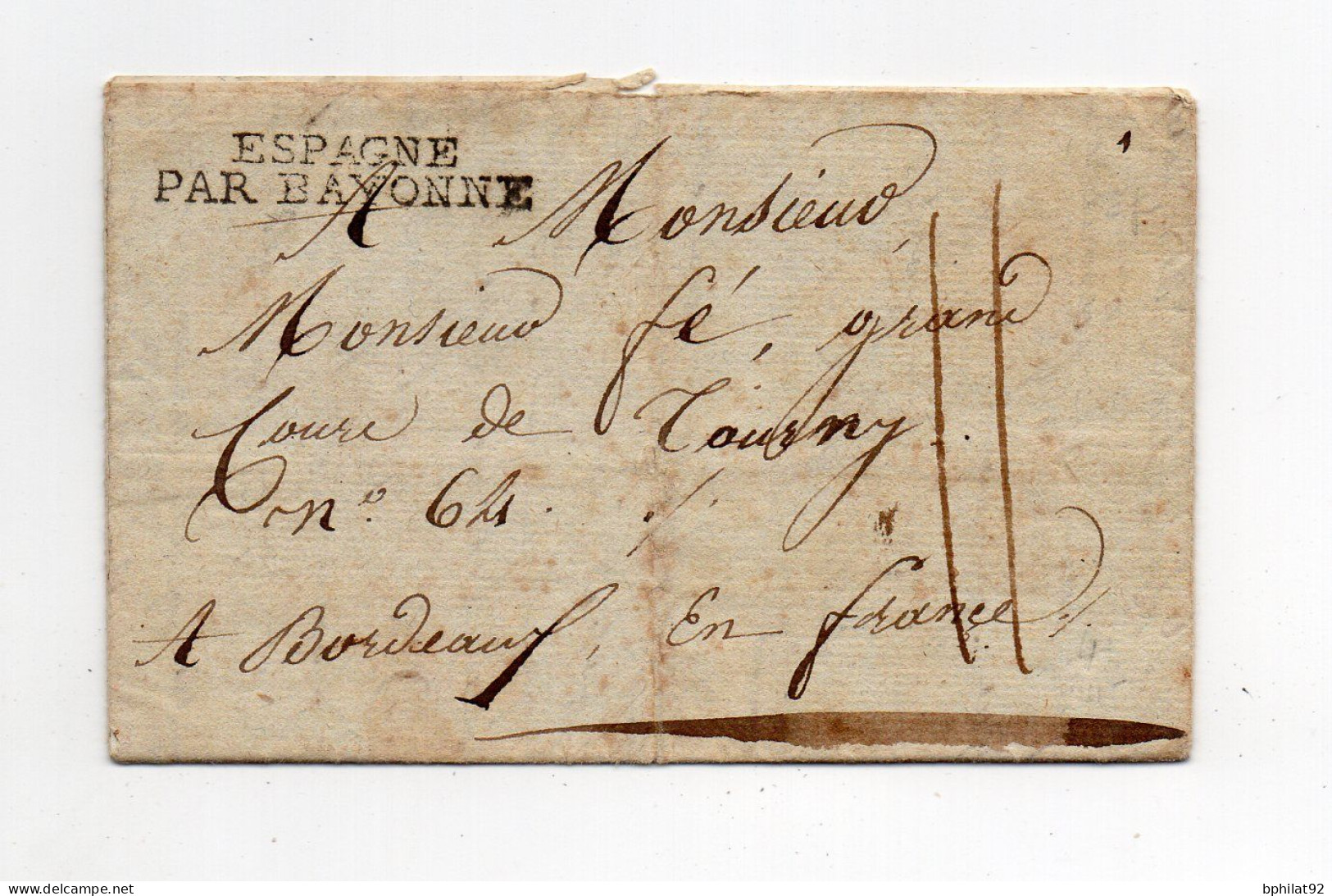 !!! ESPAGNE, LETTRE DE 1807 MARQUE D'ENTREE ESPAGNE PAR BAYONNE - ...-1850 Prefilatelia