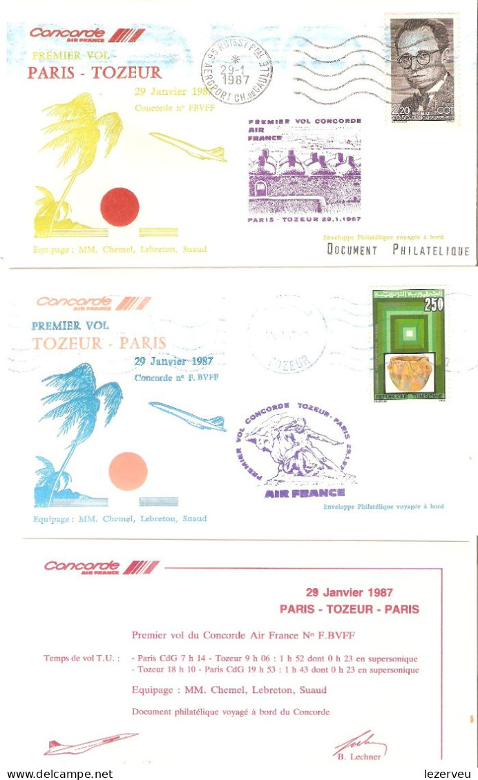 CONCORDE PREMIER 1er VOL FIRST FLIGHT AIR FRANCE PARIS TOZEUR 1987 RT RETOUR - Sonstige & Ohne Zuordnung