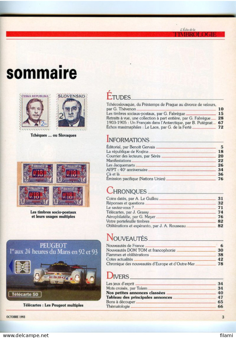 L'écho De La Timbrologie Octobre 1993,Tchéco-Slovaquie,timbre Socio-postaux,français Au Pôle Sud, - Francesi (dal 1941))