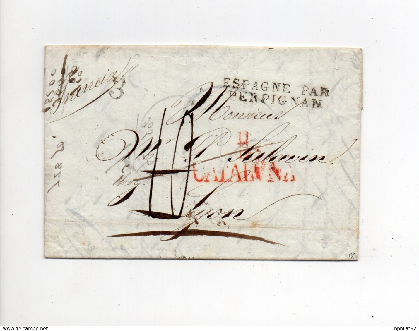 !!! ESPAGNE, LETTRE DE BARCELONE DE 1830 POUR LYON MARQUE D'ENTREE ESPAGNE PAR PERPIGNAN - ...-1850 Prephilately