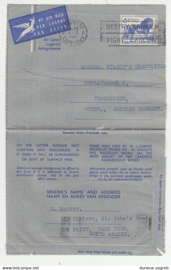 South Africa Postal Stationery Air Letter Aerogramme Posted 1961 To Germany B230701 - Luftpost