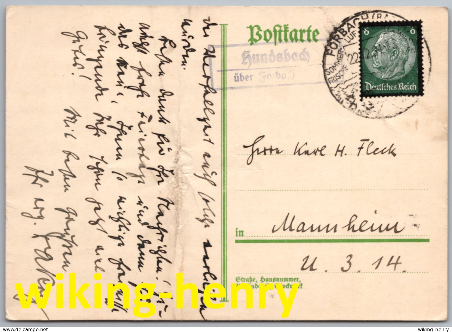 Forbach Hundsbach - Postkarte 1934   Mit Posthilfsstempel Hundsbach über Forbach - Forbach