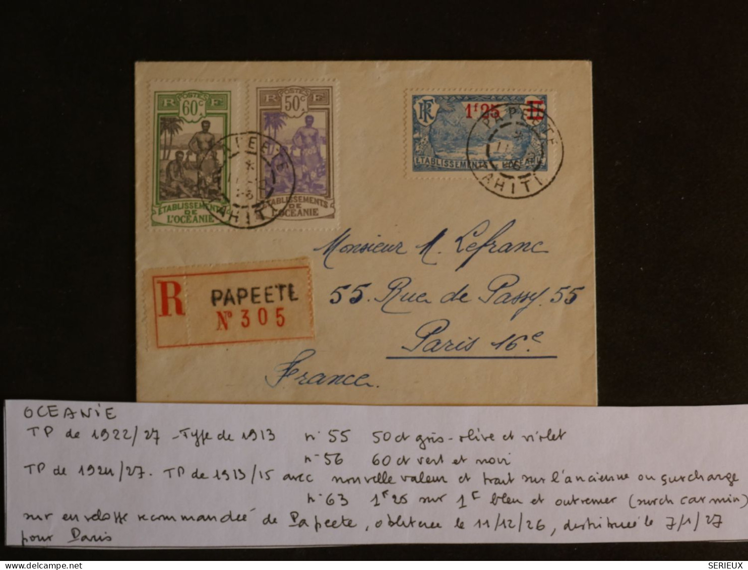 BU7  ET. OCEANIE   BELLE LETTRE RR  1926   PAPEETE  A  PARIS  FRANCE  + SURCHARGE+AFF.  PLAISANT ++ + - Brieven En Documenten