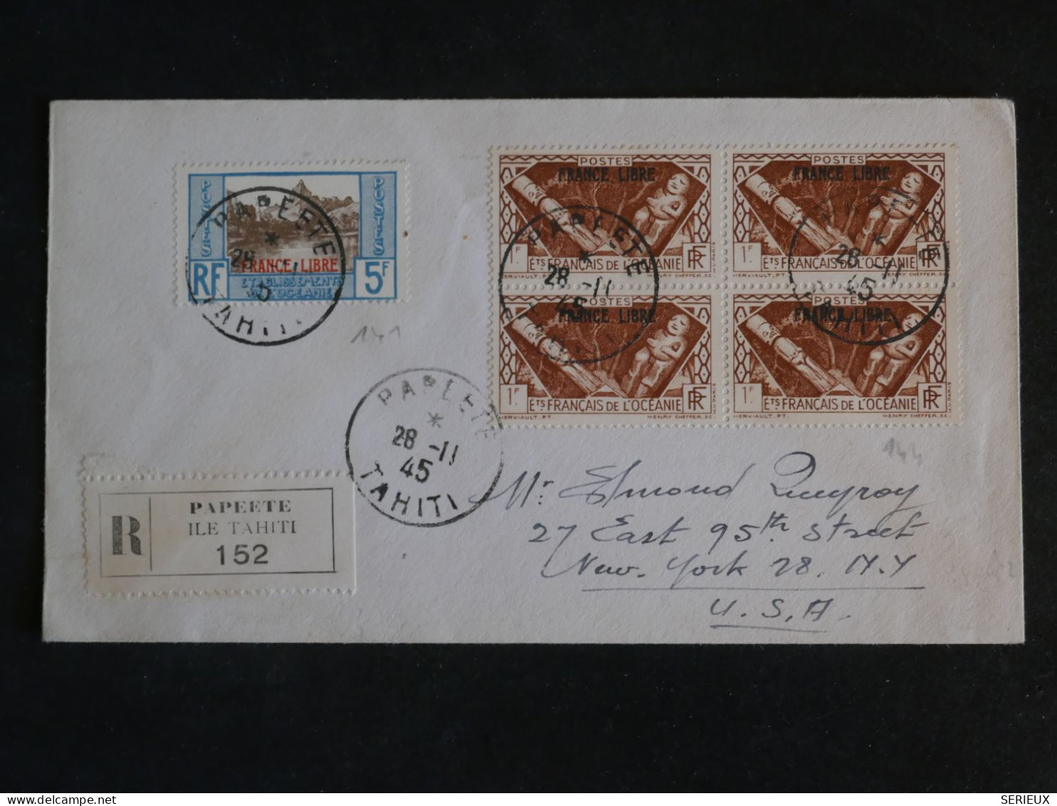 BU7  ET. OCEANIE   BELLE LETTRE FRANCE LIBRE   1945   PAPEETE  A NEW YORK USA +BLOC DE 4  SURCHARGES+AFF.  PLAISANT ++ + - Storia Postale