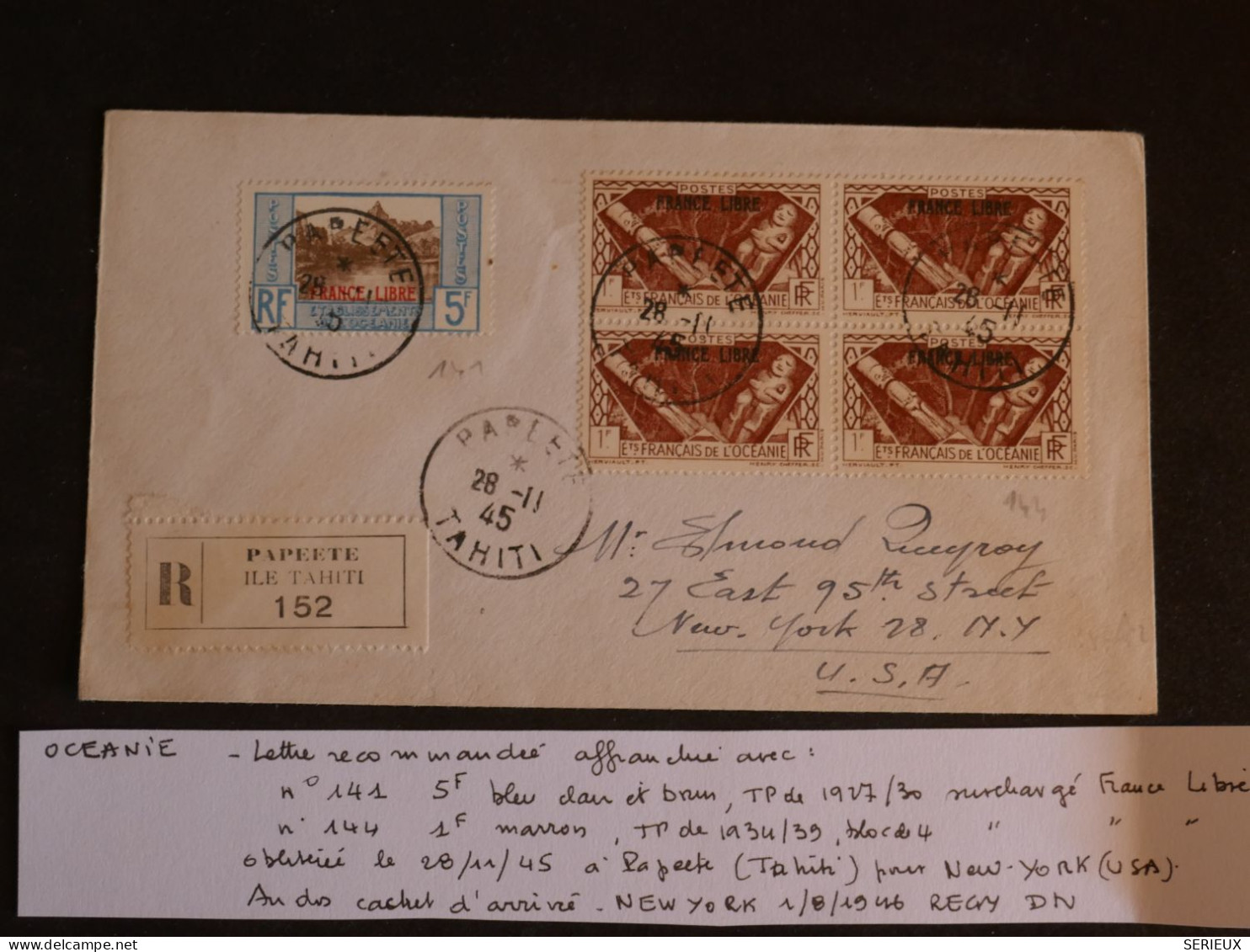 BU7  ET. OCEANIE   BELLE LETTRE FRANCE LIBRE   1945   PAPEETE  A NEW YORK USA +BLOC DE 4  SURCHARGES+AFF.  PLAISANT ++ + - Storia Postale