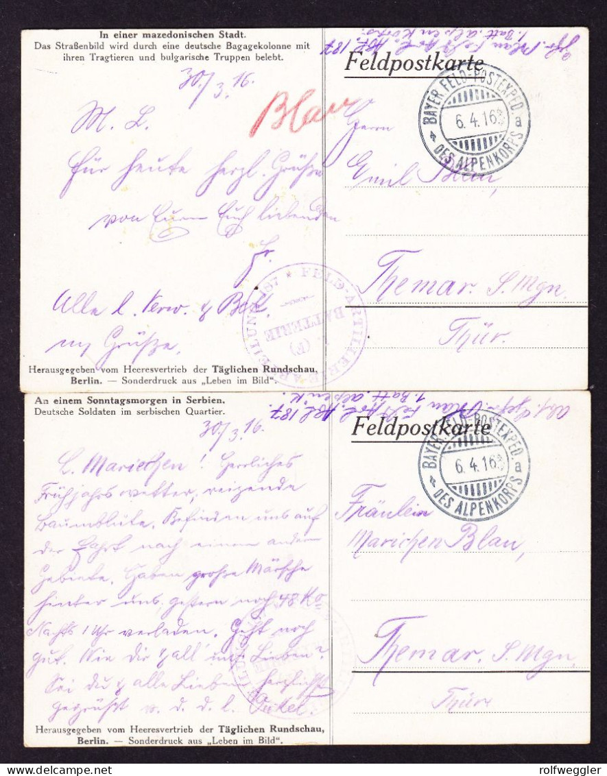 1916  2 Feldpostkarten Mit Stempel BAYER. FELD-POST- EXPED. Des Alpen Korps. In Einer Mazedonischen Stadt, Sonntags- - Europe