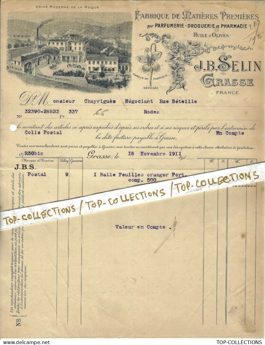 1911 INDUSTRIE PARFUM SUPERBE ENTETE FABRIQUE DE MATIERES PREMIERES PARFUMERIE DISTILLERIE J.B. Selin à Grasse => Rodez - 1900 – 1949