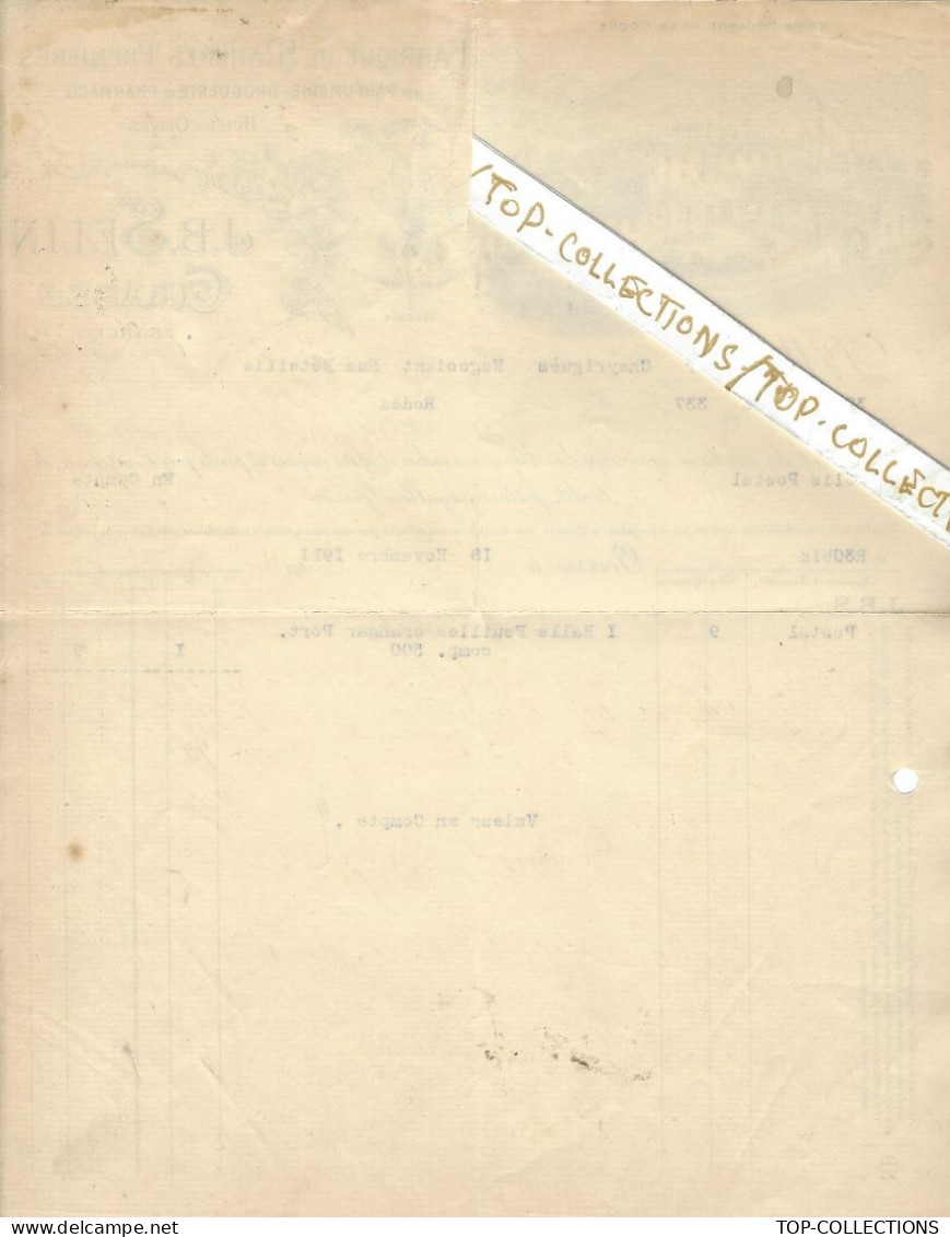 1911 INDUSTRIE PARFUM SUPERBE ENTETE FABRIQUE DE MATIERES PREMIERES PARFUMERIE DISTILLERIE J.B. Selin à Grasse => Rodez - 1900 – 1949