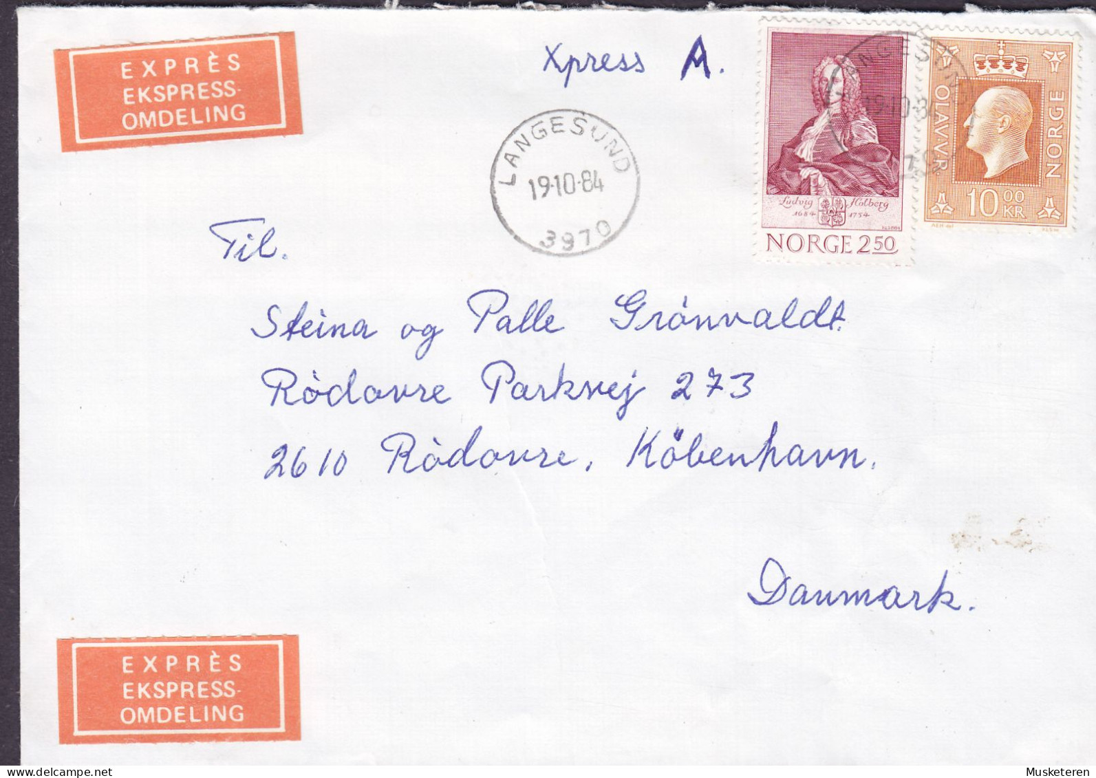 Norway EXPRÉS EKSPRESS-OMDELING Label LANGESUND 1984 Cover Brief RØDOVRE Denmark Ludwig Holberg (2 Scans) - Covers & Documents