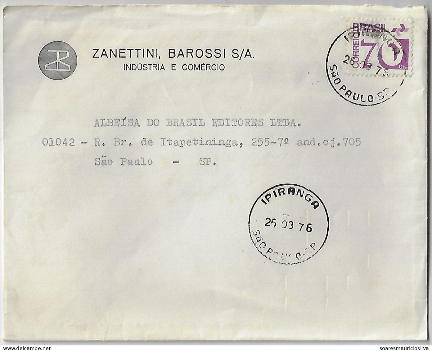 Brazil 1976 Zenettini Barossi SA Cover From São Paulo Agency Ipiranga Definitive 70 Cents Electronic Sorting Telefunken - Covers & Documents