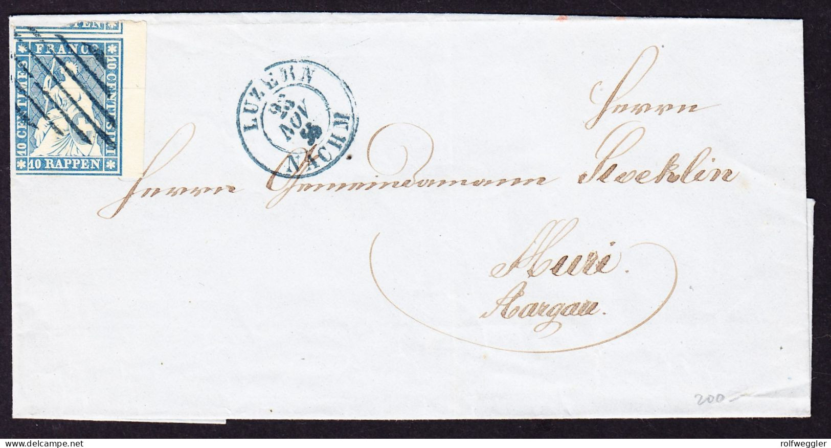 1855 10 Rp Strubel, Links Angeschnitten, Rechts Bogenrand Mit Blauem Stempel Raute Und Luzern Auf Briefhülle Nach Muri - Lettres & Documents