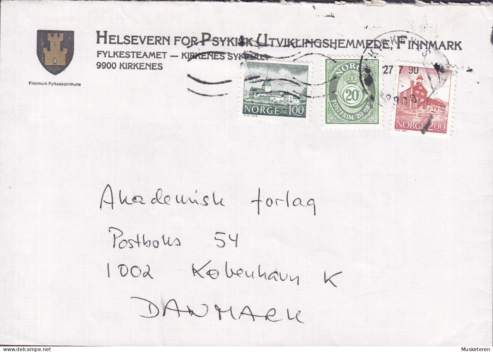 Norway HELSEVERN PSYKISK UTVIKLINGSHEMMEDE, Finnmark KIRKENES 1990 Cover Brief Denmark 3-Colour Franking - Lettres & Documents