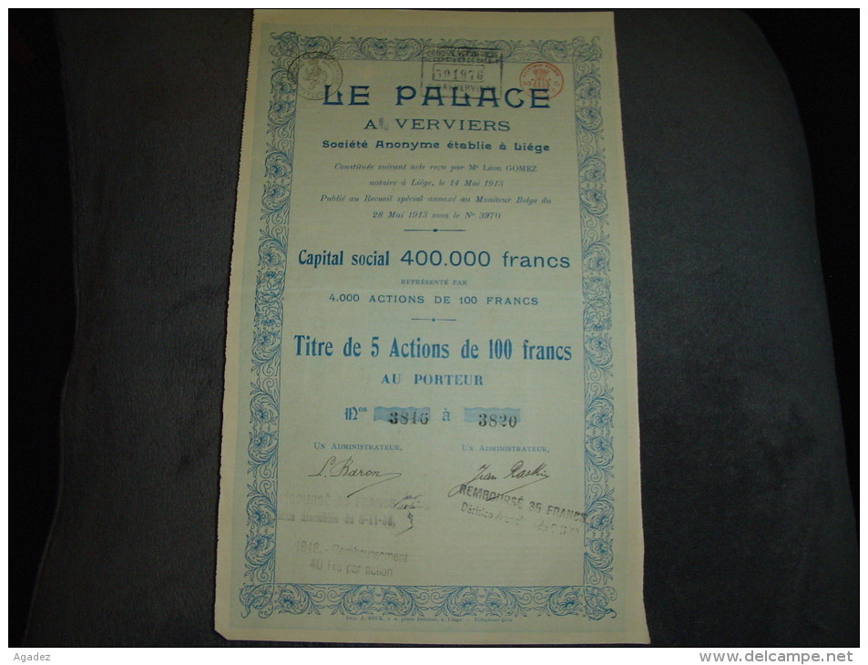 Titre De 5 Action " Le Palace "  Verviers 1913 (restaurants,hotels,cinéma,music-halls). - Verviers