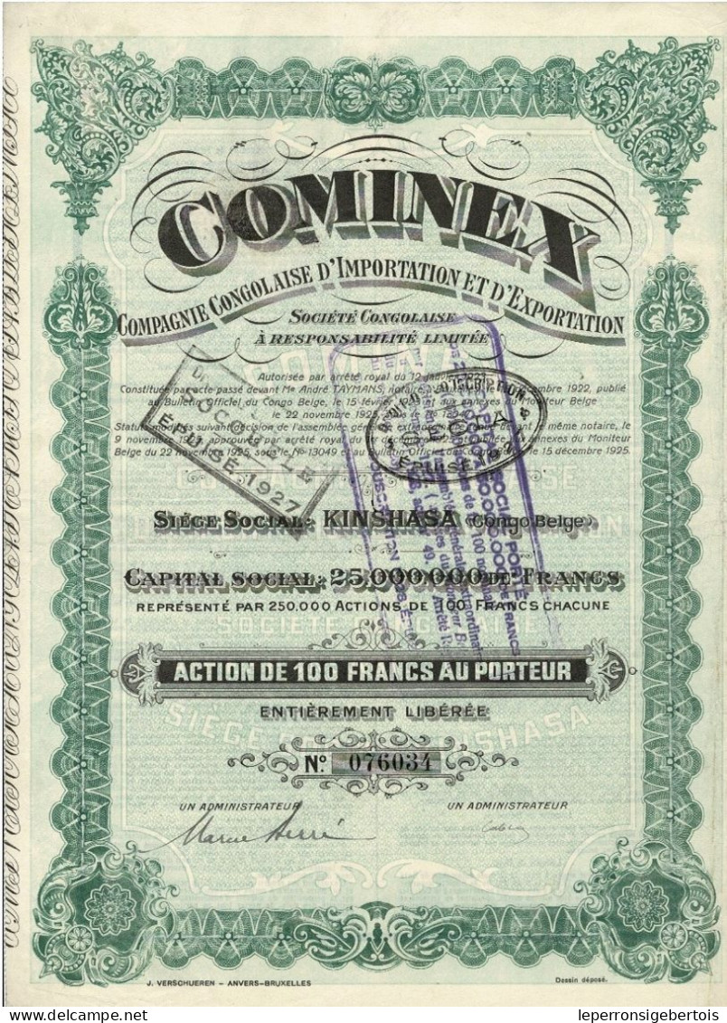 Titre De 1925 -Cominex -Compagnie Congolaise D'Importation Et D'Exportation-Société Congolaise à Responsabilité Limitée - Afrika