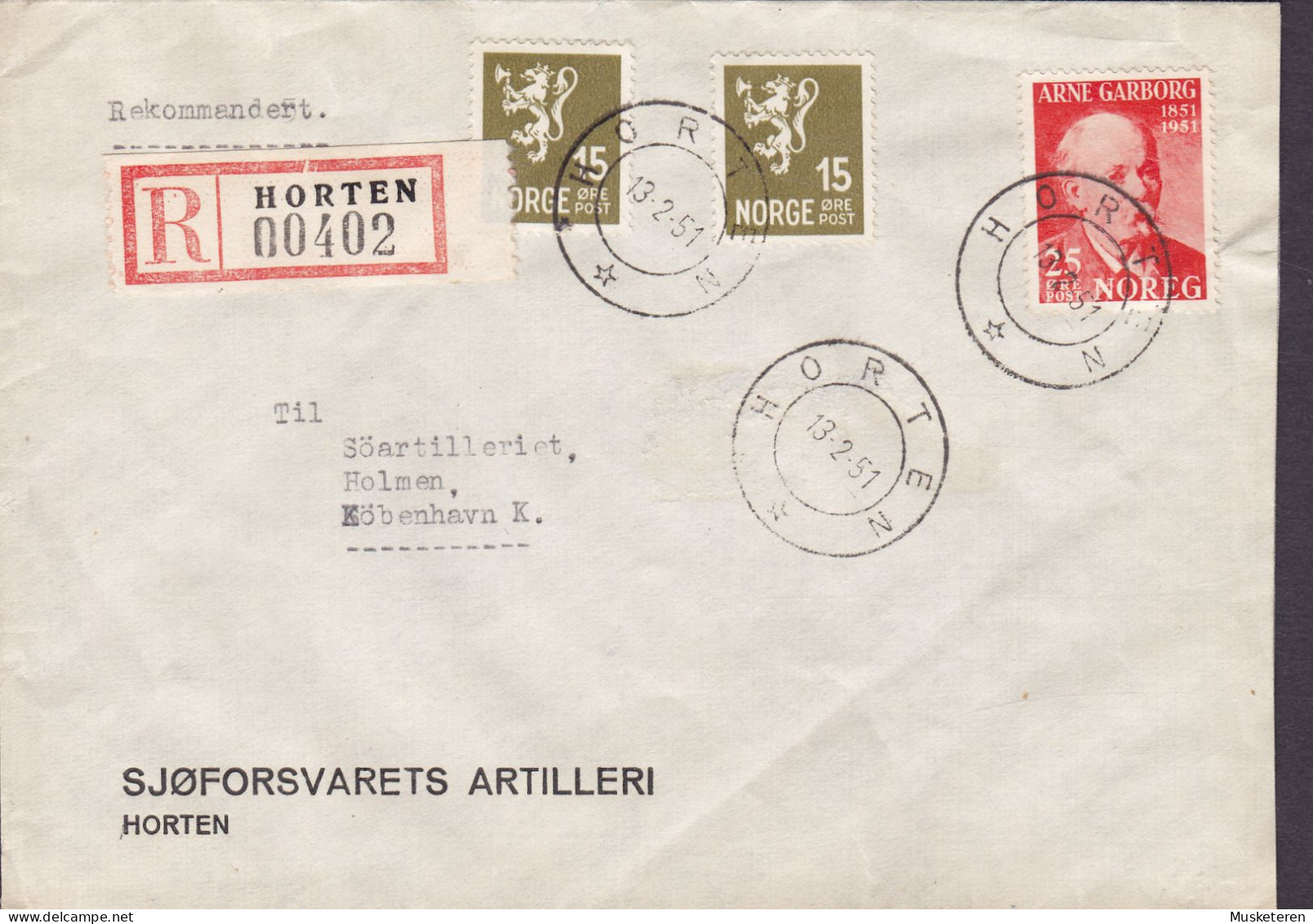 Norway SJØFORSVARETS ARTILLERI Registered Einschreiben Label HORTEN 1951 Cover Brief Söartilleriet København DK Garborg - Briefe U. Dokumente