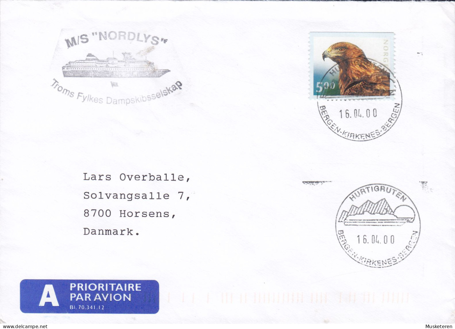 Norway A PRIORITAIRE Label M/S 'NORDLYS' Troms Fylkes Dampskibsselskab HURTIGRUTEN 2000 Cover Brief Eagle Adler - Brieven En Documenten