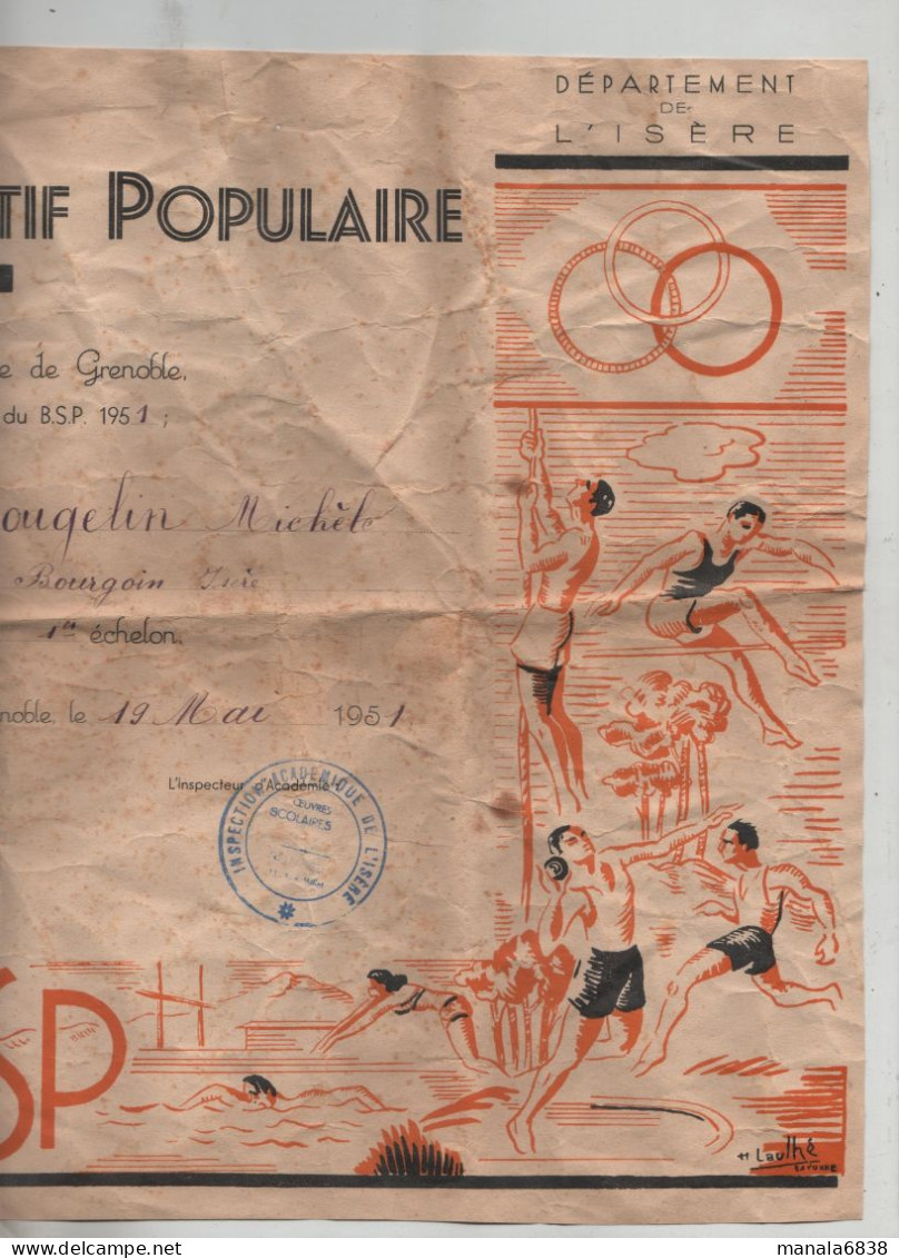 Brevet Sportif Populaire Grenoble Rougelin 1951 Illustrateur Laulhé - Diploma's En Schoolrapporten