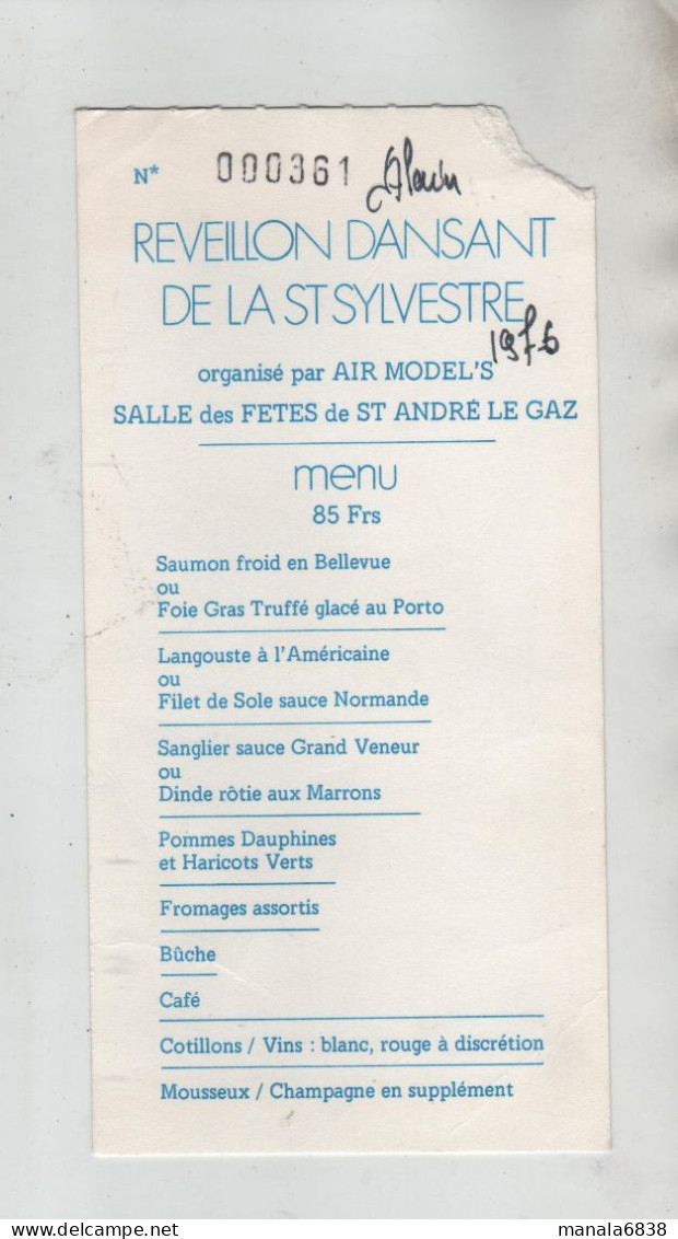 Réveillon Dansant Saint Sylvestre 1976 Saint André Le Gaz Air Model's Menu - Menú