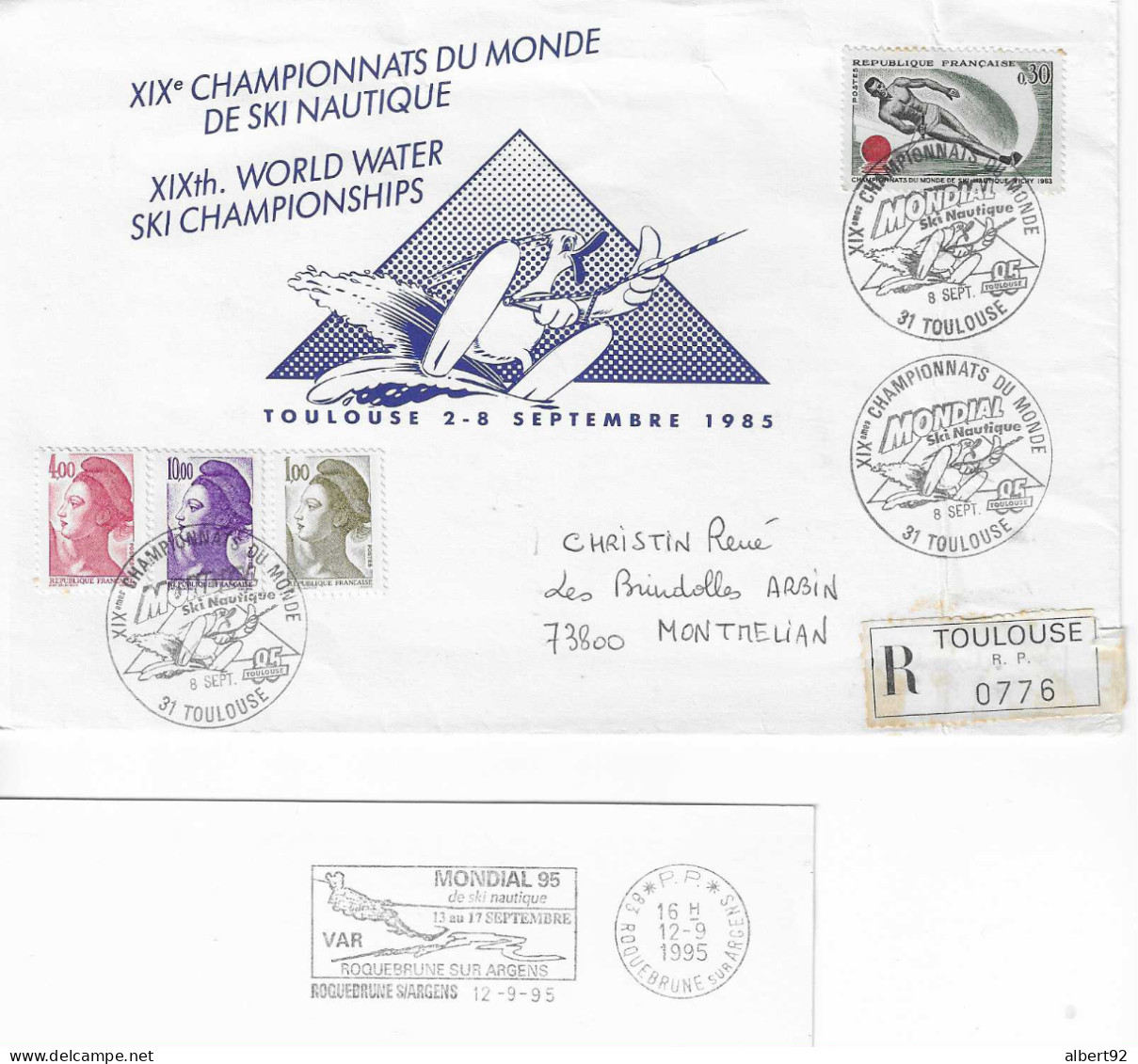 1985 XIX E Championnats Du Monde De Ski Nautique à Toulouse + Flamme Postale "Port Payé" Des Mondiaux De 1995  Marignane - Wasserski