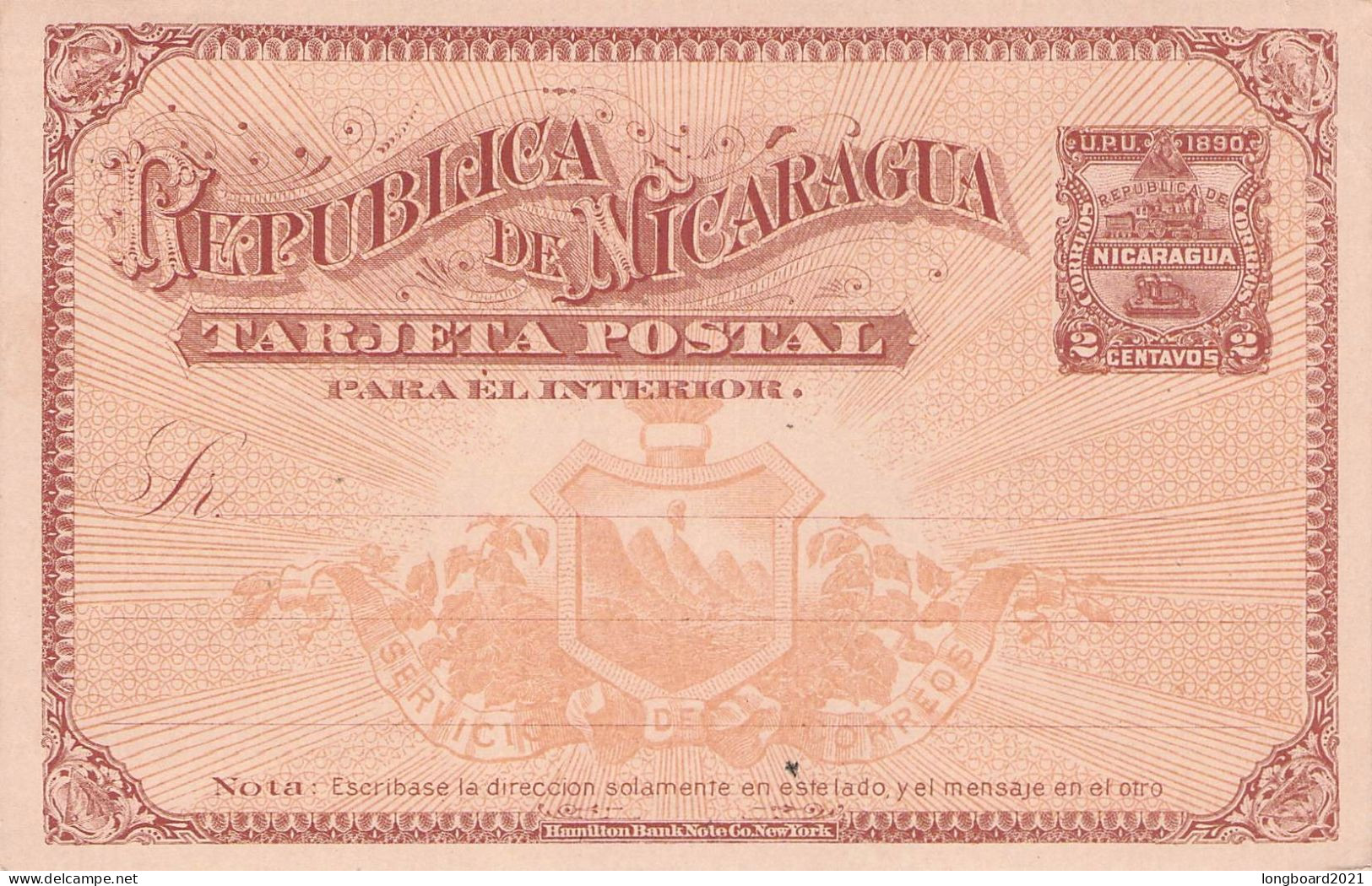 NICARAGUA - TARJETA POSTAL 2C 1890 MNH  /*55 - Nicaragua