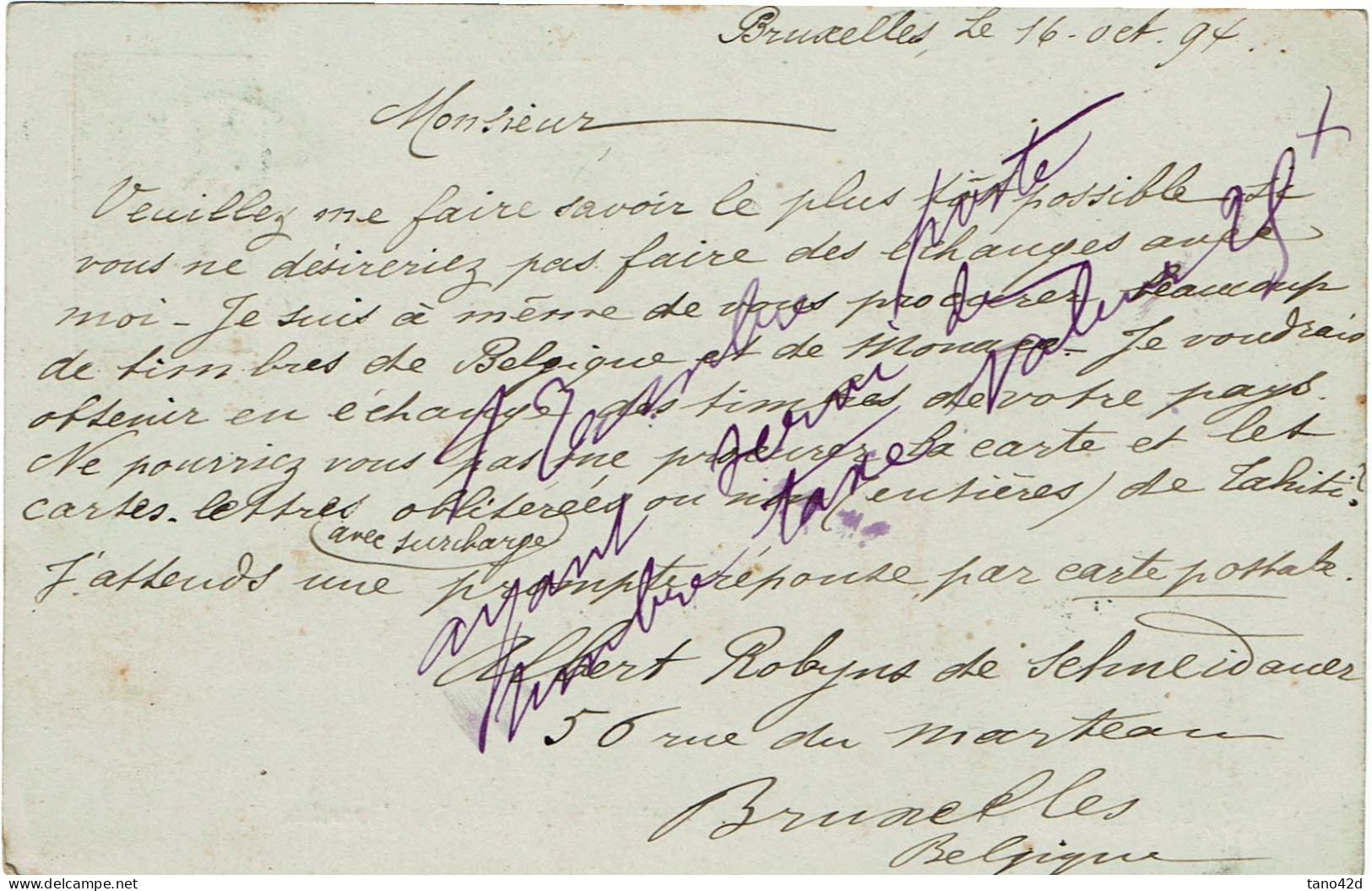 CTN85A - EP BELGE BRUXELLES / NOUMEA 21/10/1884 - Lettres & Documents