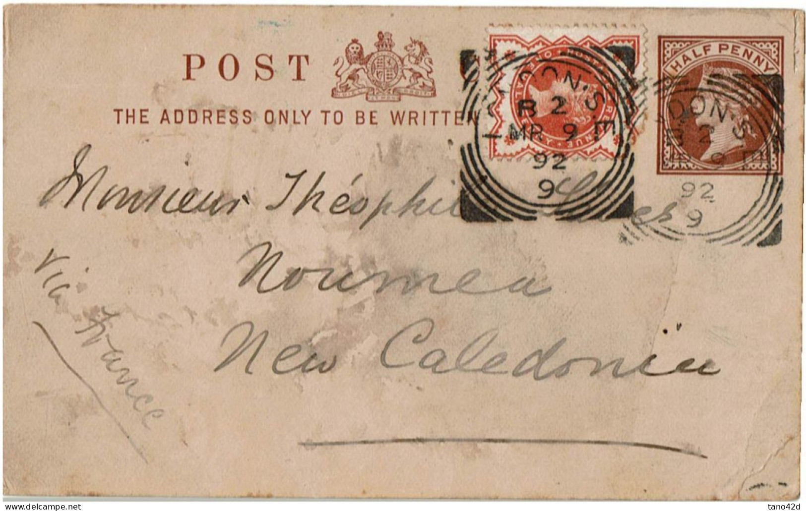 CTN85A - EP GRANDE BRETAGNE LONDRES / NOUMEA 9/3/1892 - Covers & Documents