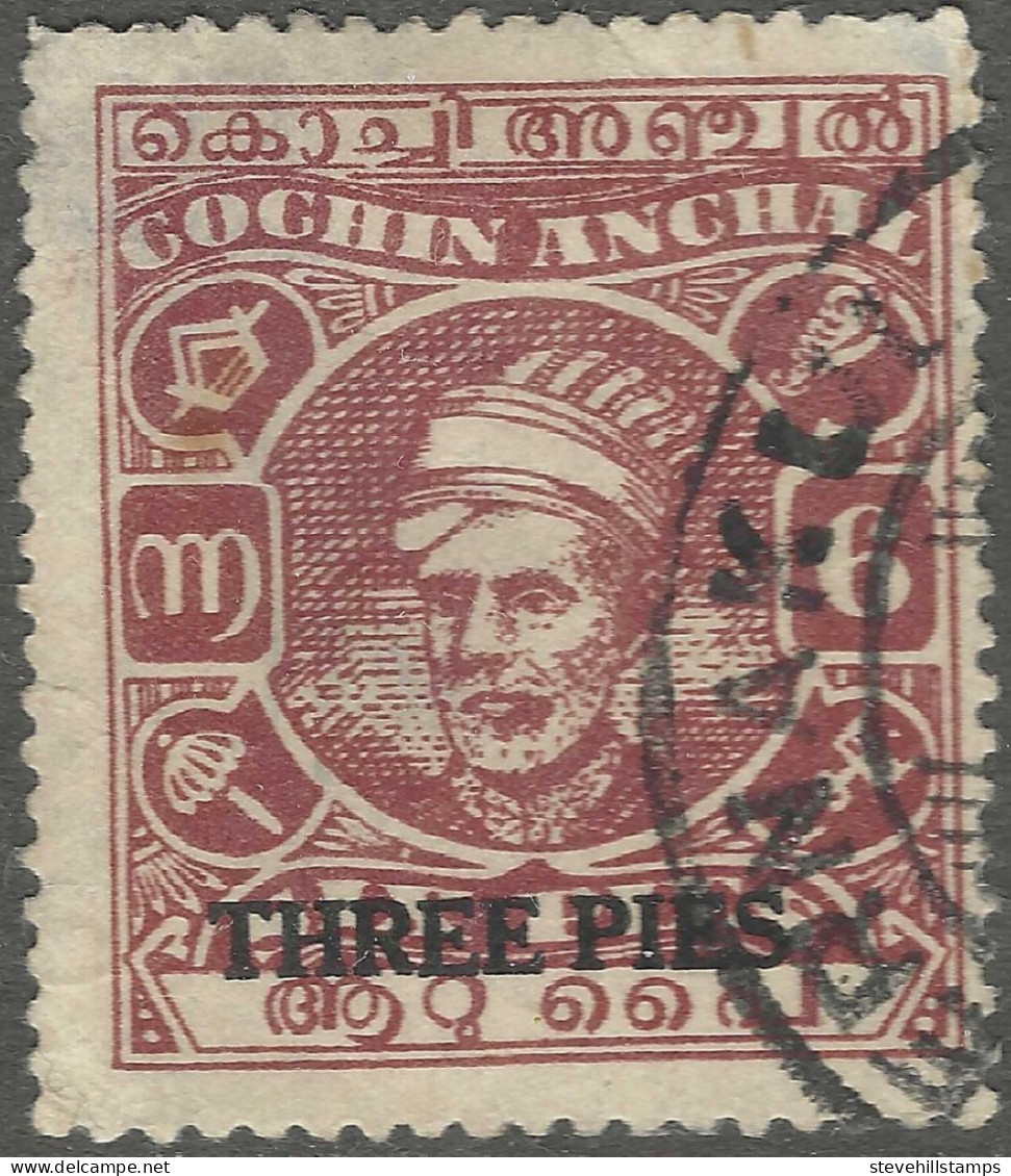 Cochin(India). 1943 Surcharges. 3p On 6p Used. P13½X13. SG 96 - Cochin