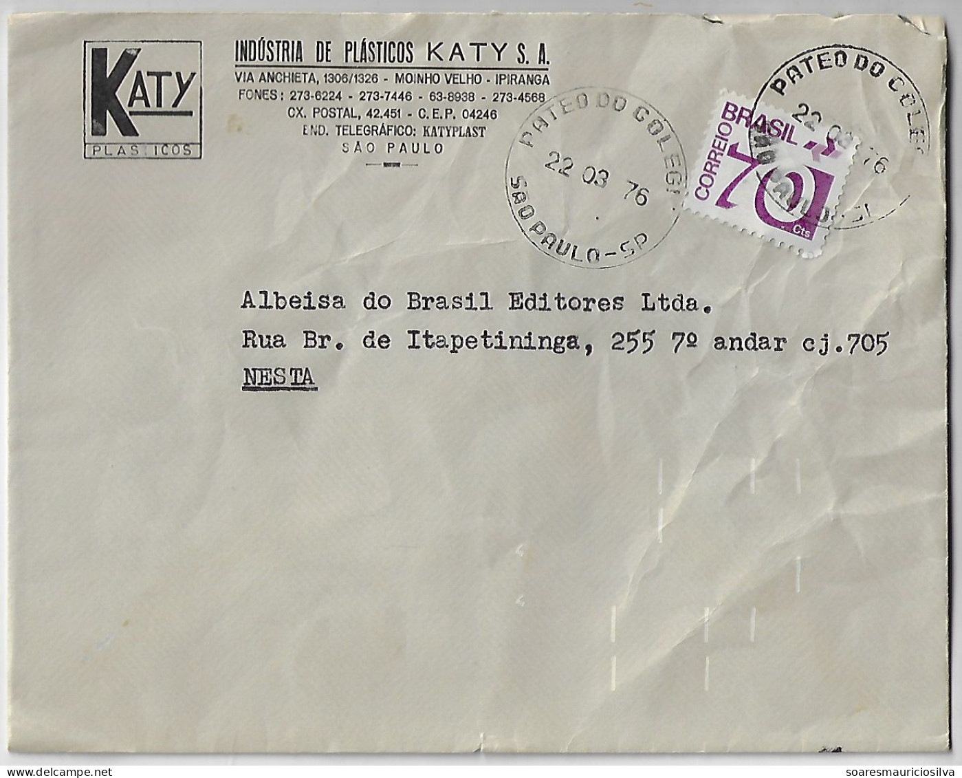 Brazil 1976 Katy Plastic Industry Cover From São Paulo Agency Pateo Do Colégio Stamp 70 Cents Telefunken Sorting Mark - Cartas & Documentos