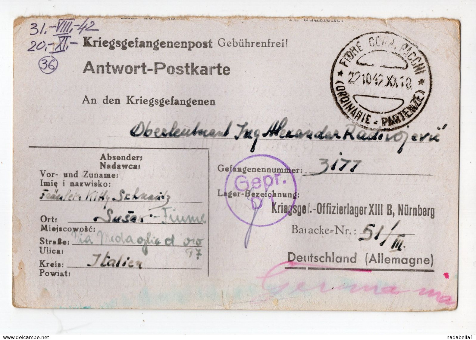 1942. WWII ITALY,CROATIA,FIUME TO NUREMBERG,GERMANY,POW,OFFICERS CAMP,CENSOR,ANSWER CARD - Occ. Yougoslave: Fiume