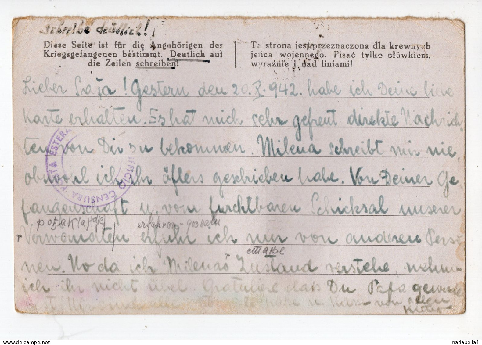 1942. WWII ITALY,CROATIA,FIUME TO NUREMBERG,GERMANY,POW,OFFICERS CAMP,CENSOR,ANSWER CARD - Occ. Yougoslave: Fiume