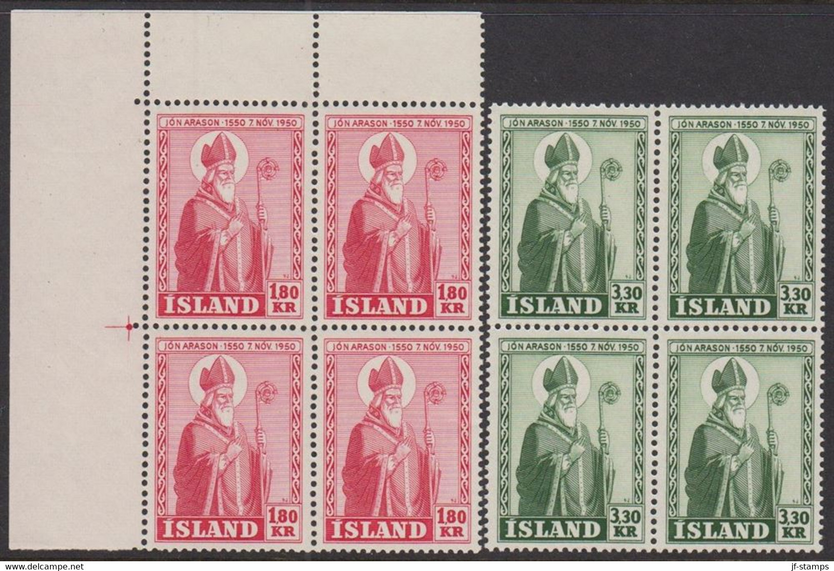 1950. ISLAND. JÓN ARASON. COMPLETE SET IN 4-BLOCKS NEVER HINGED. (Michel 279-280) - JF521046 - Unused Stamps