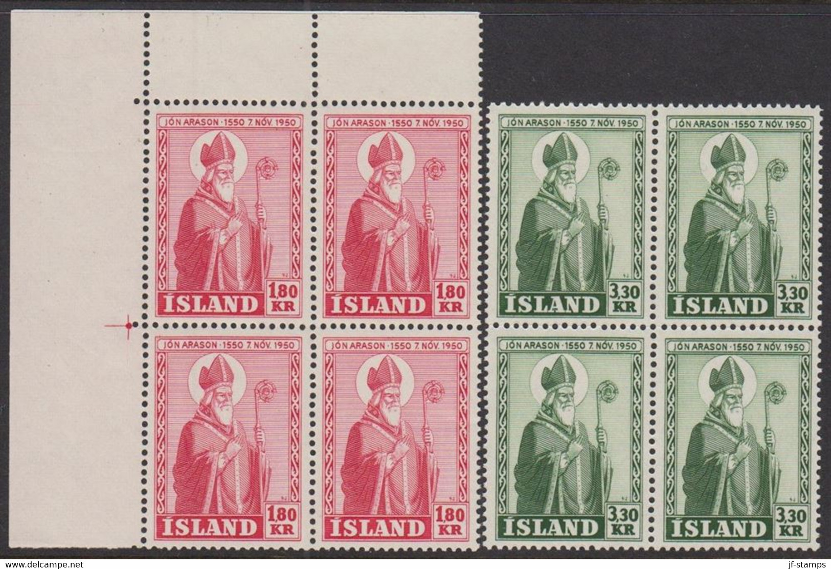 1950. ISLAND. JÓN ARASON. COMPLETE SET IN 4-BLOCKS NEVER HINGED. (Michel 279-280) - JF521046 - Nuevos