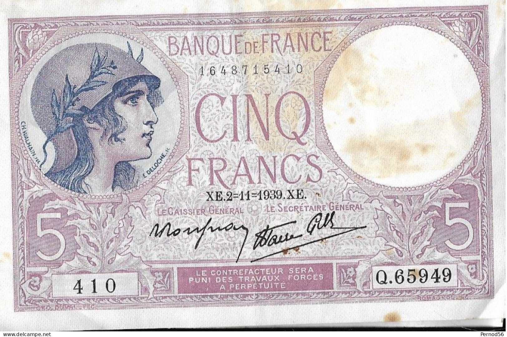 Vends Beau Billet De Banque FRANCE  5  FRANCS 1939  VIOLET - 5 F 1917-1940 ''Violet''